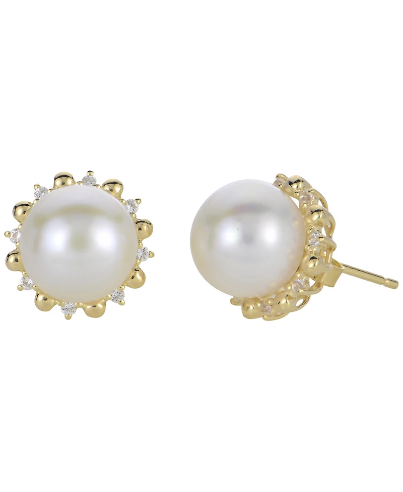 Macy's Cultured Freshwater Pearl (9.5-10mm) and Lab Created White Sapphire Earrings (0.16 ct. t.w.) in Sterling Silver with 14K Gold Plating