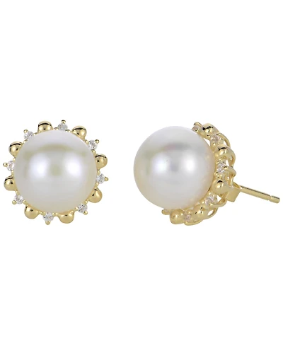 Macy's Cultured Freshwater Pearl (9.5-10mm) and Lab Created White Sapphire Earrings (0.16 ct. t.w.) in Sterling Silver with 14K Gold Plating