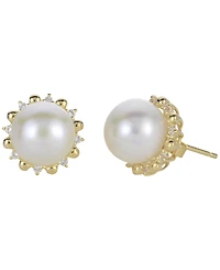 Macy's Cultured Freshwater Pearl (9.5-10mm) and Lab Created White Sapphire Earrings (0.16 ct. t.w.) in Sterling Silver with 14K Gold Plating