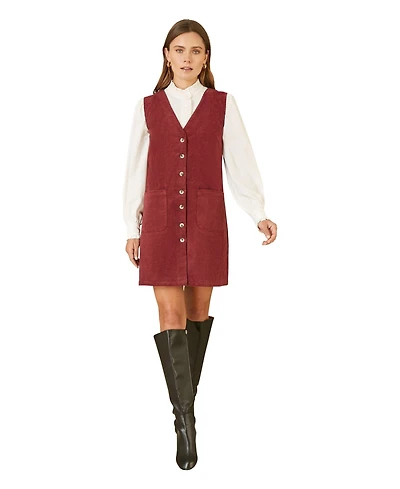 Yumi Women's V-Neck Cord Pinafore Dress