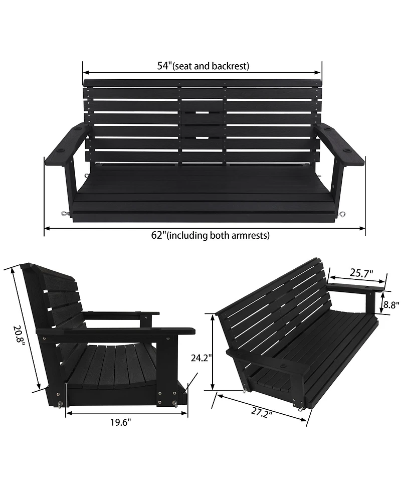 Mega Casa Poly Lumber 3-Seat Porch Swing, Hips 5-Feet Bench Swing with Foldable Cup Holders,18/8 Stainless Steel Hardware, High Backrest and Deep Cont