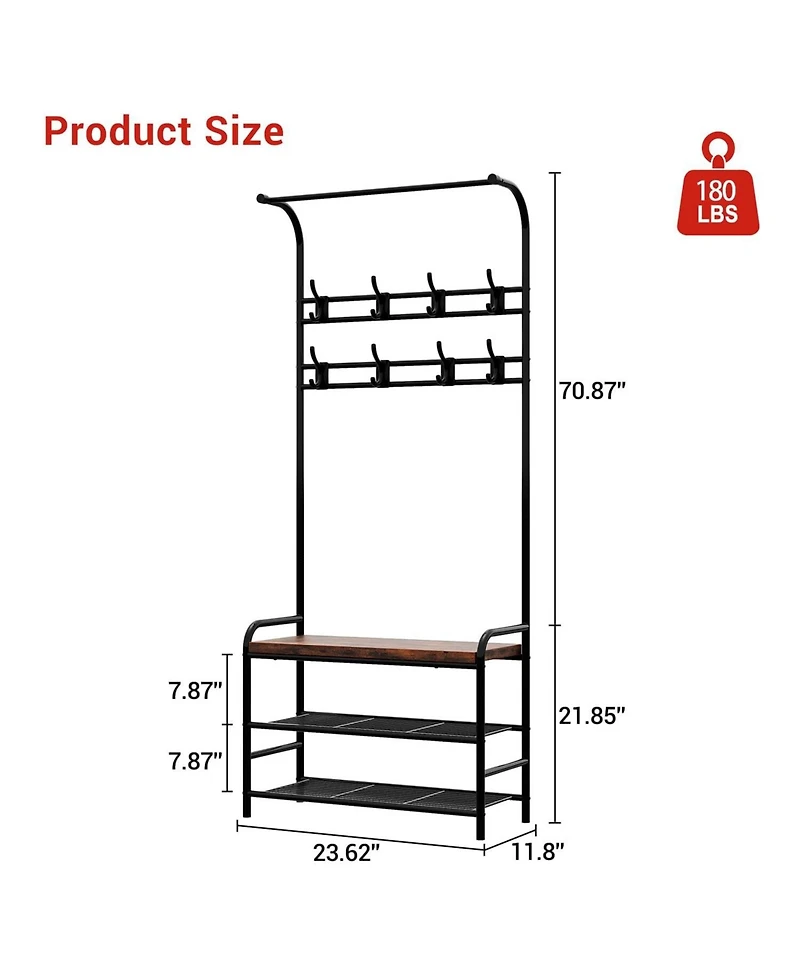 Hall Tree Shoe Bench, 4-in-1 Industrial Entryway Storage Bench with 8 Sturdy Hooks, Freestanding Coat Rack for Small Spaces, Apartments