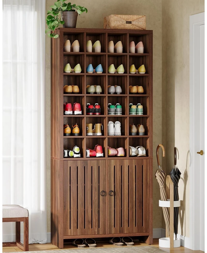 Tribesigns Tall Shoe Storage Cabinet with Doors, Farmhouse Wooden Shoe Rack with 24 Cubbies & 3 Hidden Shelves