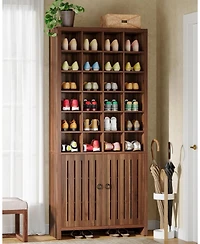 Tribesigns Tall Shoe Storage Cabinet with Doors, Farmhouse Wooden Shoe Rack with 24 Cubbies & 3 Hidden Shelves
