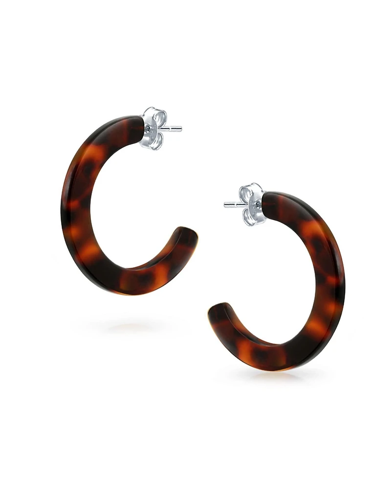 Bling Jewelry Brown Acrylic Tortoise Shell Hoop Huggie Earrings Stainless Steel 1 Inch