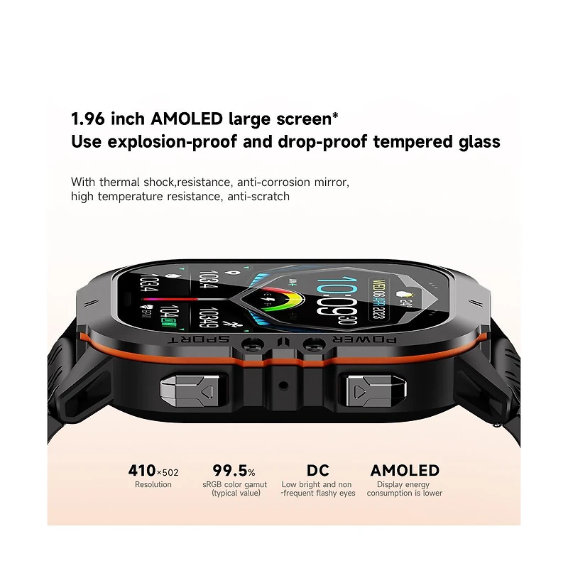 Ruxing Smart 1.96'' Amoled Hd Large Screen Smart Watch For Men With Movement Call, Heart rate Blood oxygen Blood pressure monitoring, 1ATM