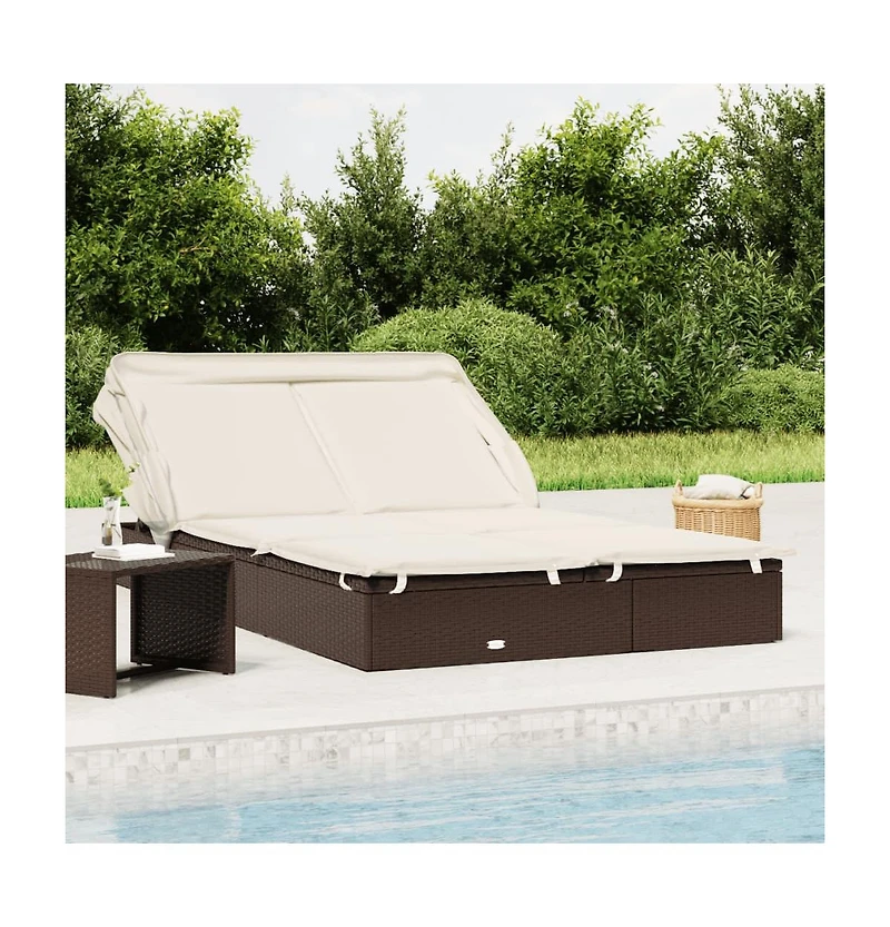 Patio Sunbed Brown Pe Rattan 2-Person Adjustable Armrests