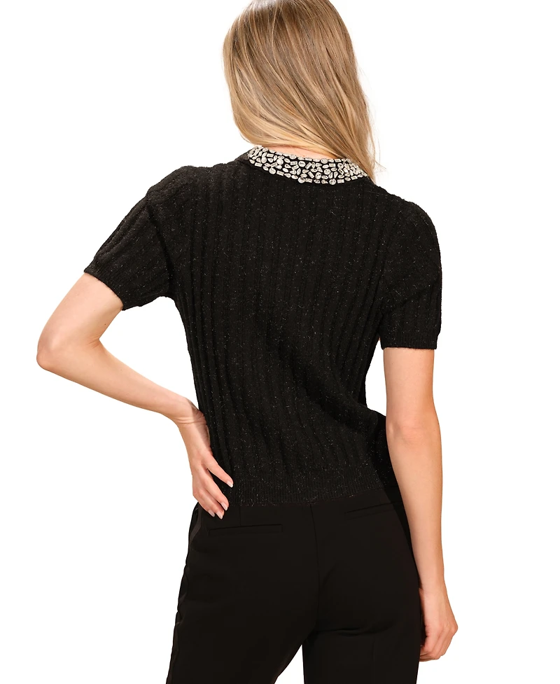 Isaac Mizrahi Women's Cable Crystal Polo Top