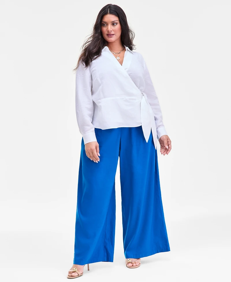 I.n.c. International Concepts Plus Linen-Blend Tied Surplice Top, Exclusively at Macy's