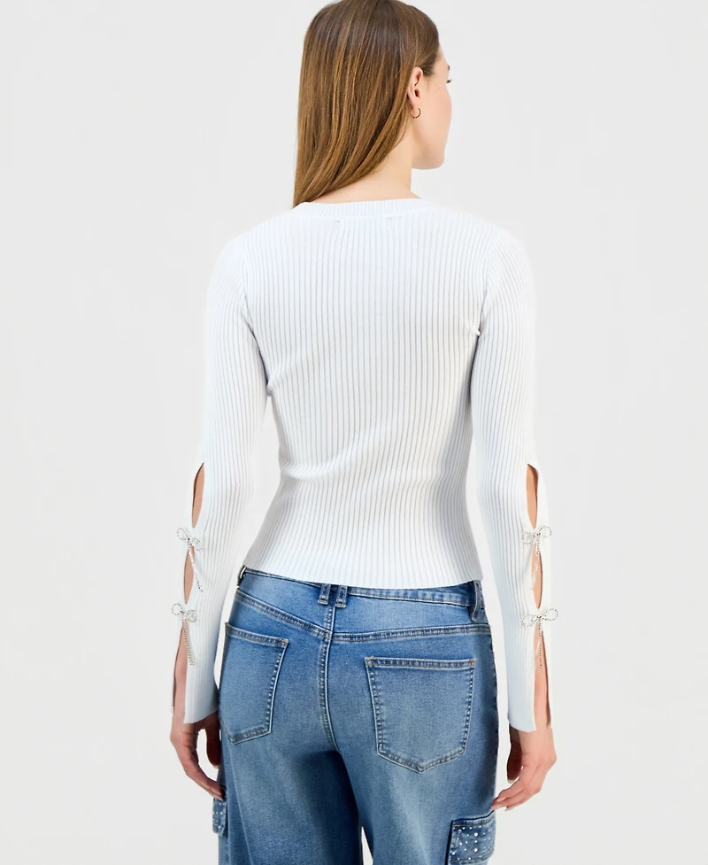 Madden Girl Juniors' Scoop-Neck Rhinestone-Bow-Trim Sweater