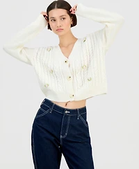 Ultra Flirt Juniors' Novelty Flower Three-Button Cardigan Sweater