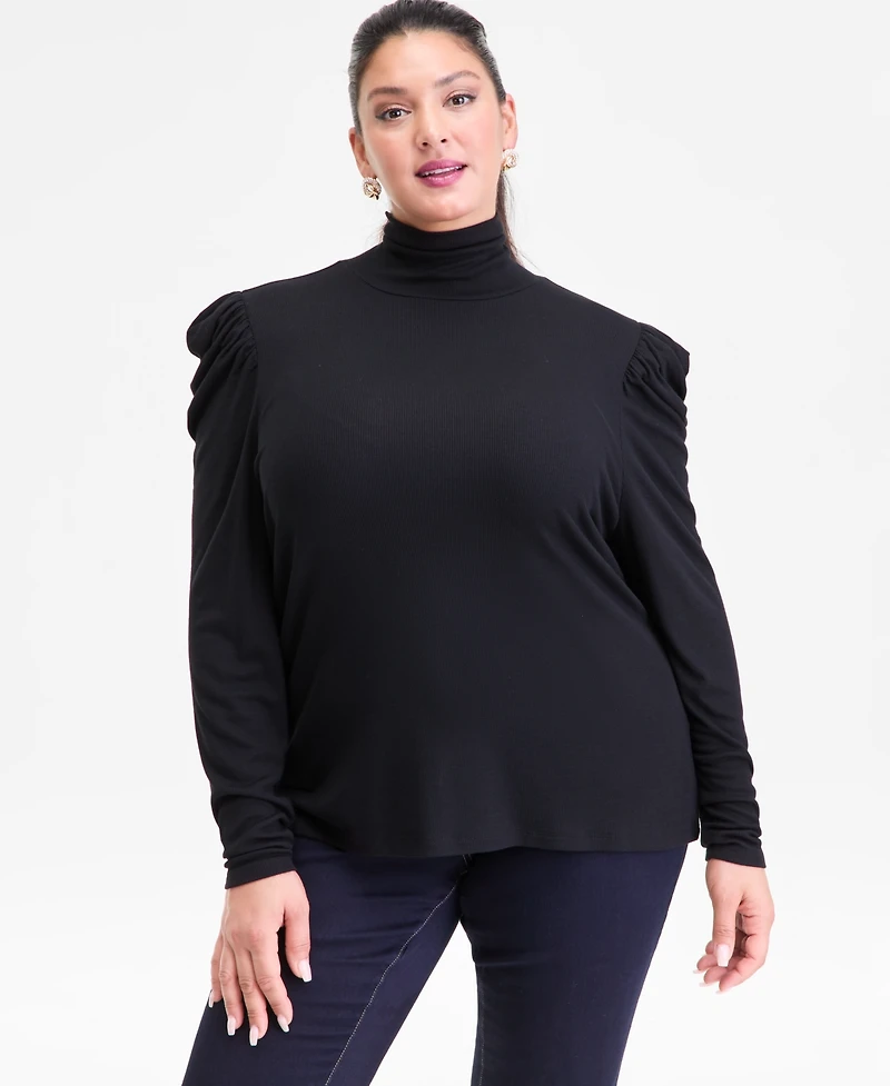 I.n.c. International Concepts Plus Puff-Shoulder Ribbed Turtleneck, Created for Macy's