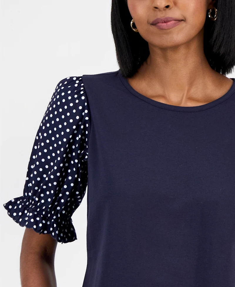 Nautica Women's Round-Neck Contrast-Puff-Sleeve Top