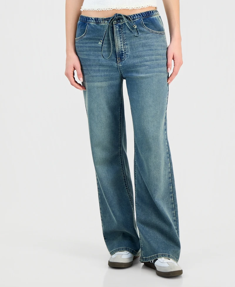 Indigo Rein Juniors' Tinted Knit Denim Wide-Leg Jeans