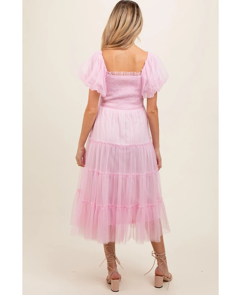 Pinkblush Maternity Light Pink Smocked Tiered Tulle Midi Dress
