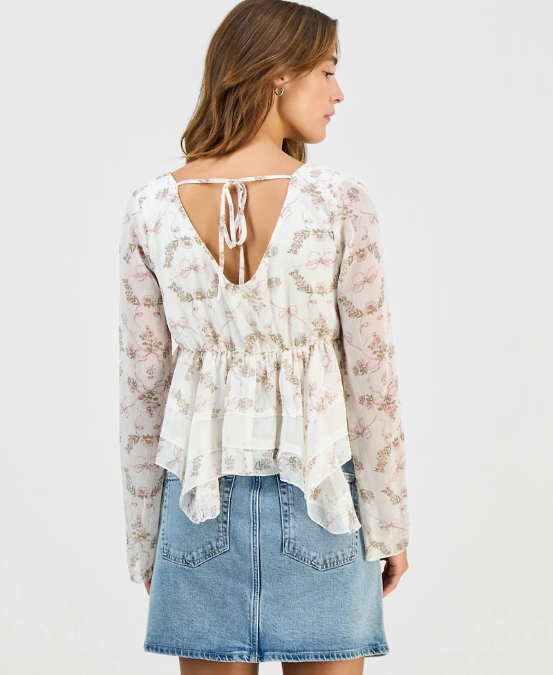 Self Esteem Juniors' Long-Sleeve Hanky-Hem Woven Top