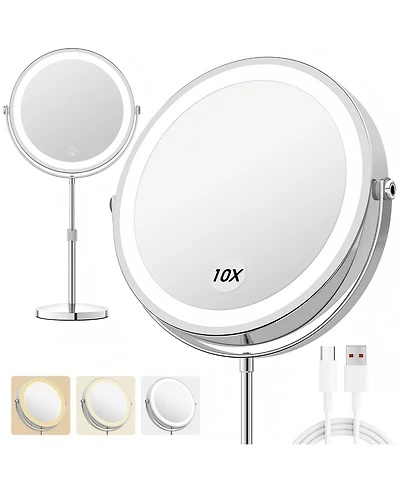 Lighted Makeup Mirror with 10X Magnification, 3 Color Modes & Adjustable Brightness, Double-Sided Vanity Mirror with Led Lights