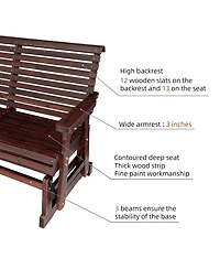 Mega Casa Wooden Patio Glider with High Roll Back and Deep Contoured Seat, Solid Fir Wood, 2-Seater, Heavy Duty 800 Lbs, 4 Feet (Deep Brown)