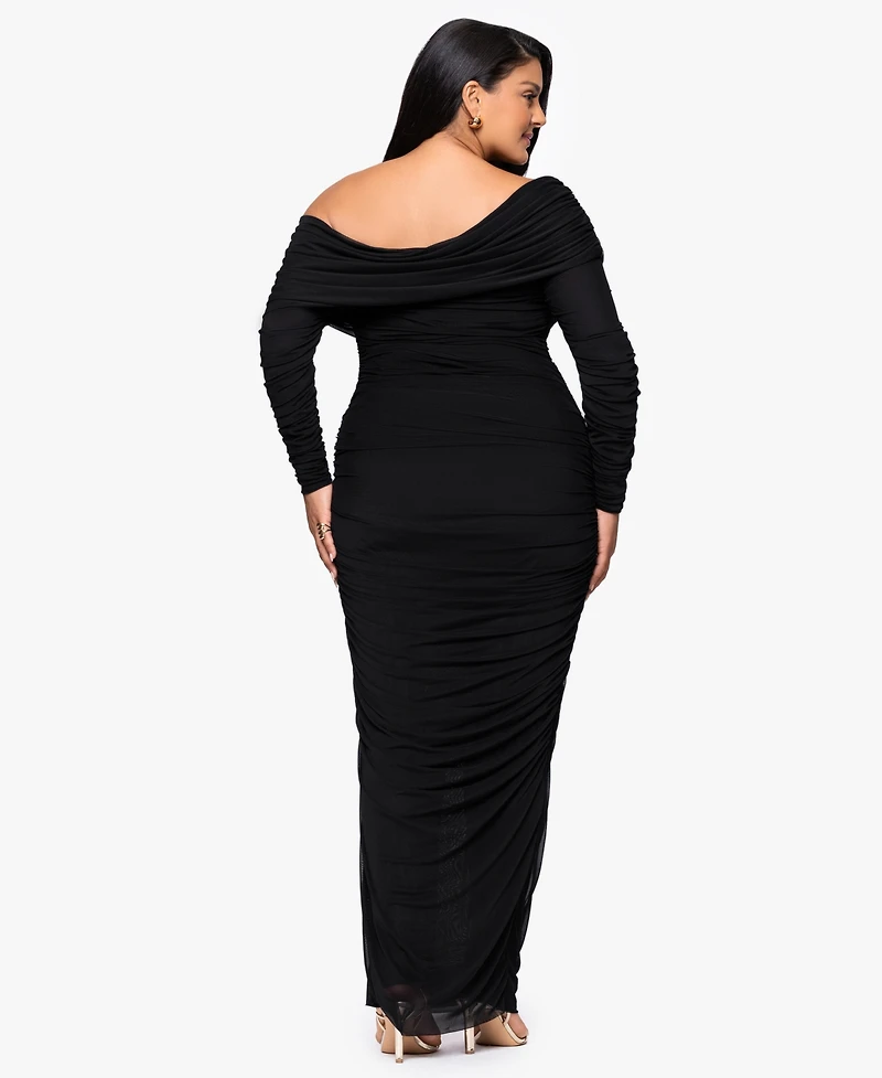 Betsy & Adam Plus Long Ruched Mesh Dress