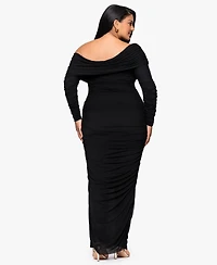Betsy & Adam Plus Long Ruched Mesh Dress