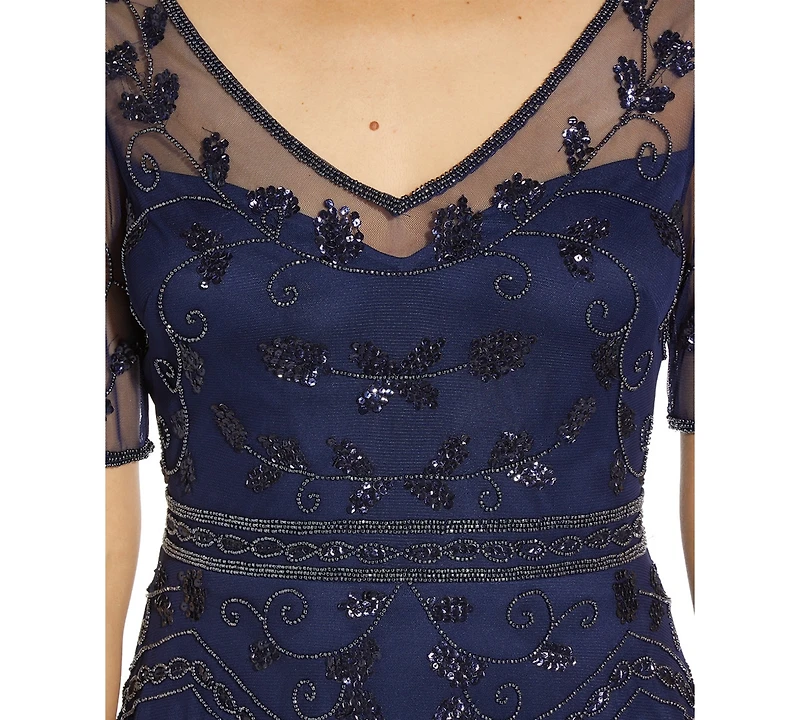 Adrianna Papell Women's Beaded V-Neck Midi Dress