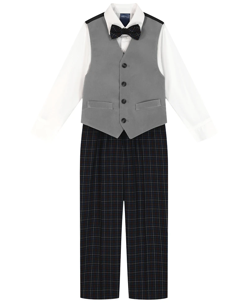 Nautica Toddler & Little Boys Grey Velvet Vest, Shirt, Bow Tie Plaid Pants Set