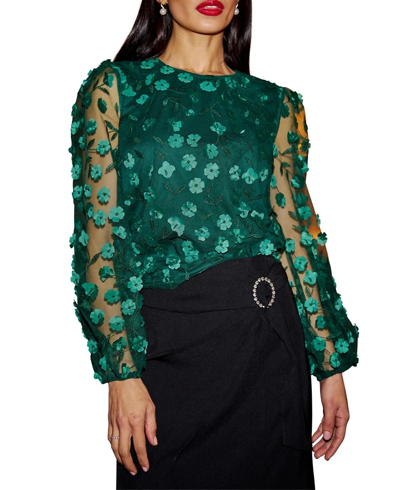 Yumi Women's Long Sleeve Sheer Floral Top