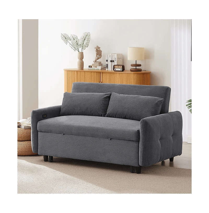 Maison Boucle 57.48" Pull Out Sleeper Loveseat, Convertible Sofa Bed with Usb Ports & Adjustable Backrest for Small Spaces-Maison