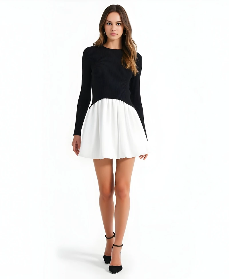 Modenaire Women's Ribbed Long-Sleeve Fit-and-Flare Mini Dress