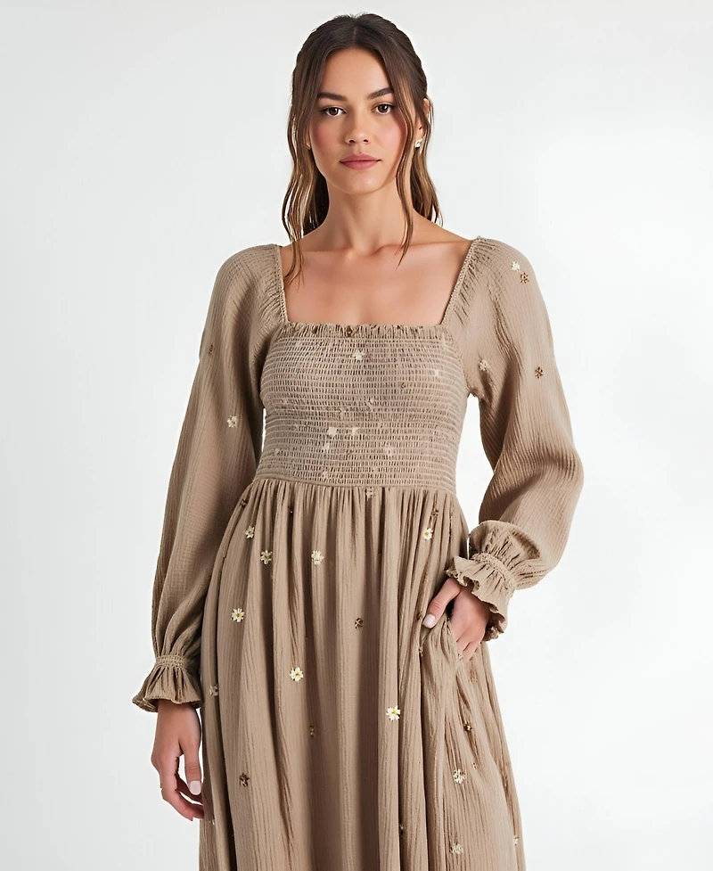 Modenaire Women's Floral-Embroidered Smocked Tiered Maxi Dress