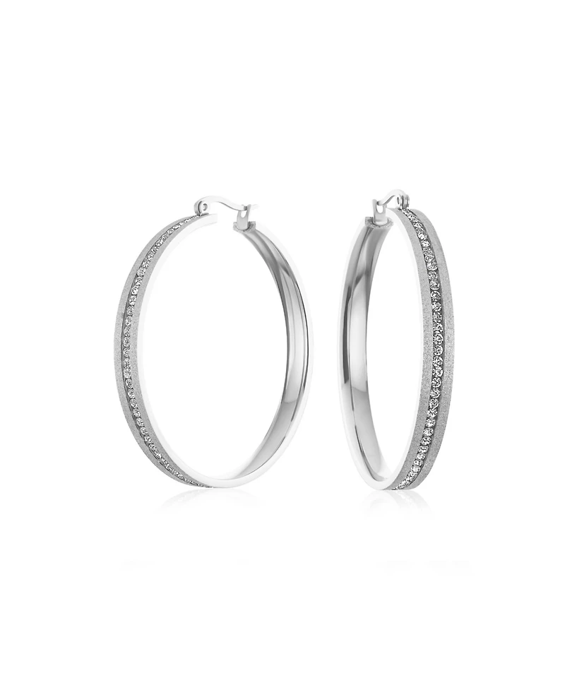 Bling Jewelry Round Channel Set Cz Large Hoop Earrings Stardust Brush Matte Finish Gold Plated Stainless Steel 2 Diameter