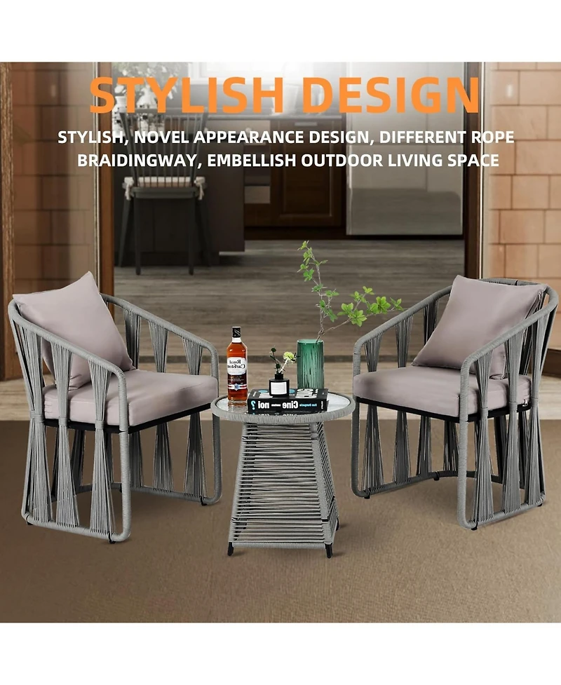 Dyhome 3 Pieces Outdoor Patio Furniture Set Woven Rope Chairs with Table and Soft Cushions