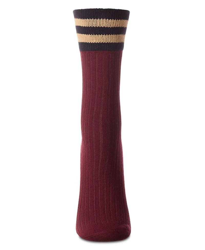 MeMoi Women's Ribbed Cotton Rich Striped Cuff Crew Sock
