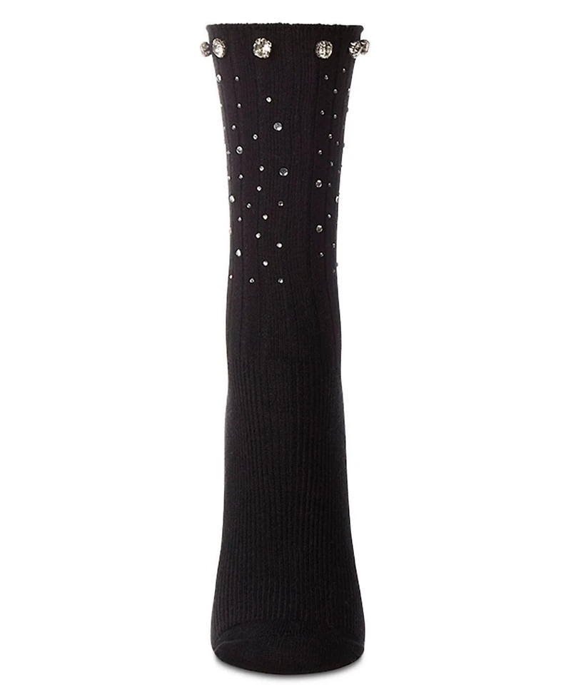 MeMoi Women's Ribbed Rhinestone Studded Cotton Rich Crew Sock