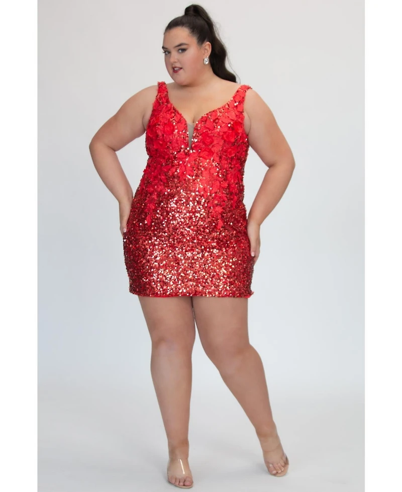 Sydney's Closet Sequin & 3D Floral Lace Mini Red Party Dress