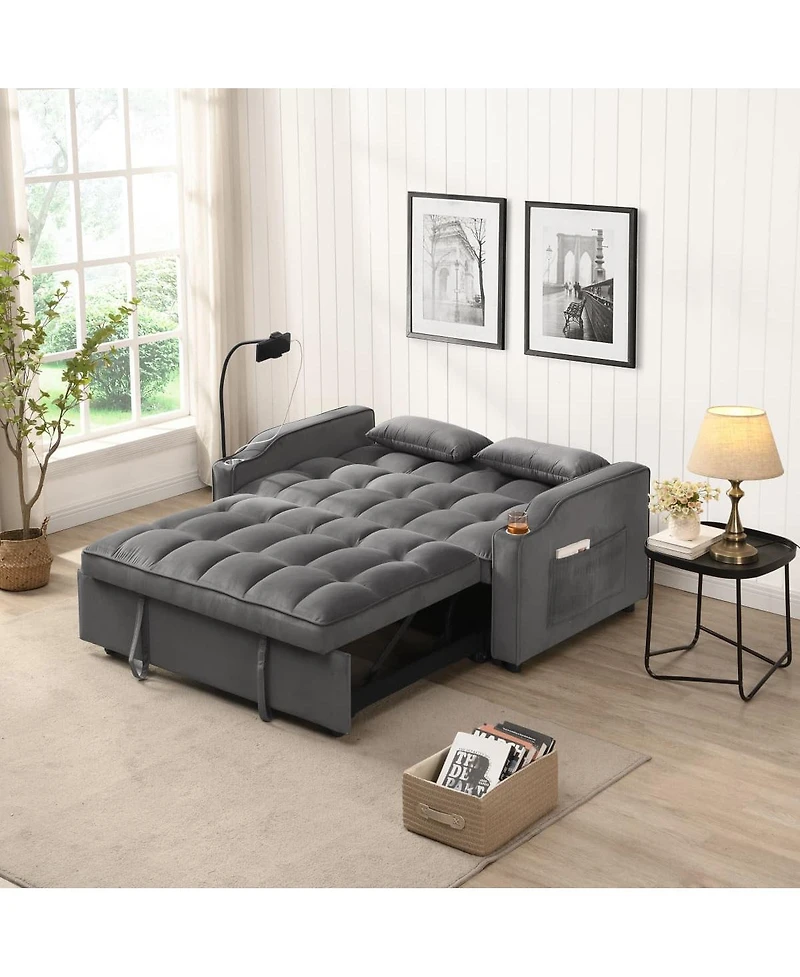 Tufted Convertible Loveseat Sleeper Sofa with Pull-Out Bed, Usb Charging & Cup Holders, Space-Saving 3-in-1 Design-Maison Boucle