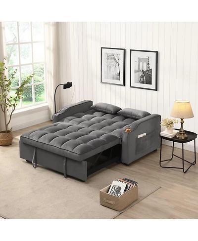 Tufted Convertible Loveseat Sleeper Sofa with Pull-Out Bed, Usb Charging & Cup Holders, Space-Saving 3-in-1 Design-Maison Boucle