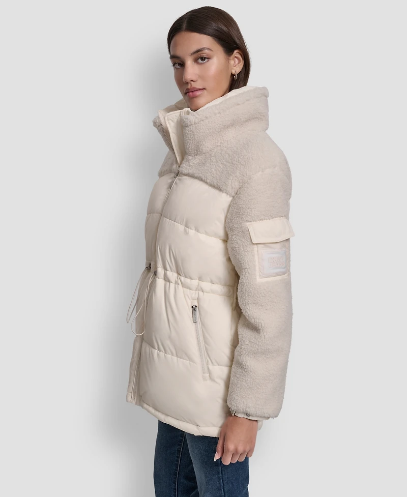 Dkny Jeans Women's Faux-Sherpa Puffer Mixed Coat