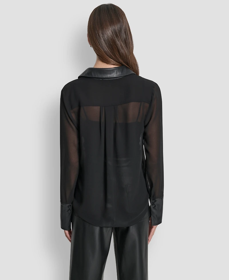 Dkny Jeans Women's Faux-Leather Trim Sheer-Mesh Shirt - BLK