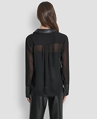 Dkny Jeans Women's Faux-Leather Trim Sheer-Mesh Shirt - BLK