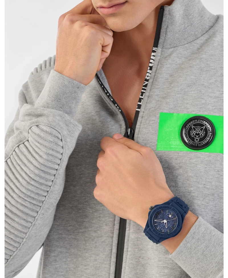 Plein Sport Mens New Fearless 3 Hand Date Quartz Blue Silicone Strap 46MM