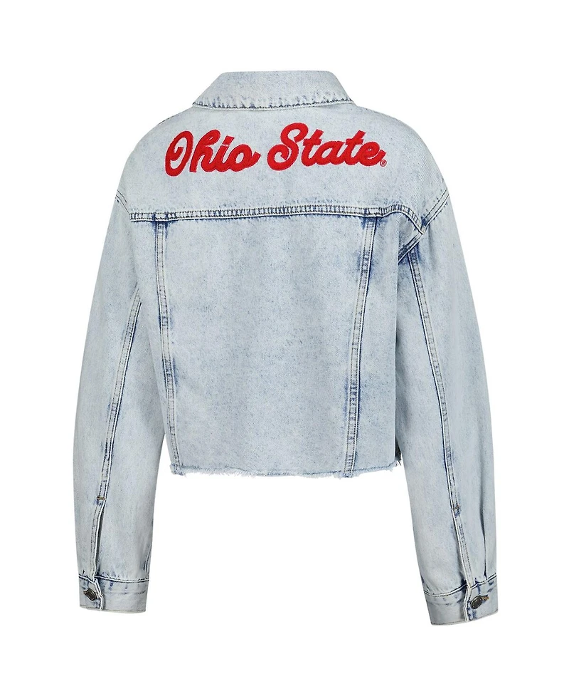 Hype and Vice Women's Denim Ohio State Buckeyes Lightwash Cropped Button-Up Jean Jacket