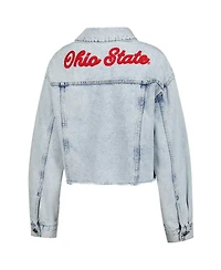 Hype and Vice Women's Denim Ohio State Buckeyes Lightwash Cropped Button-Up Jean Jacket