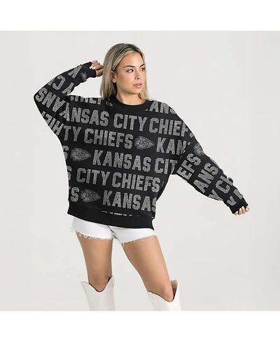 Gameday Couture Women's Black Kansas City Chiefs Relaxed Drop Shoulder Hype Era Rhinestone Text Sweatshirt