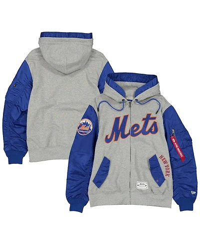 New Era Men's Heather Gray/Royal York Mets Full-Zip Hoodie Jacket