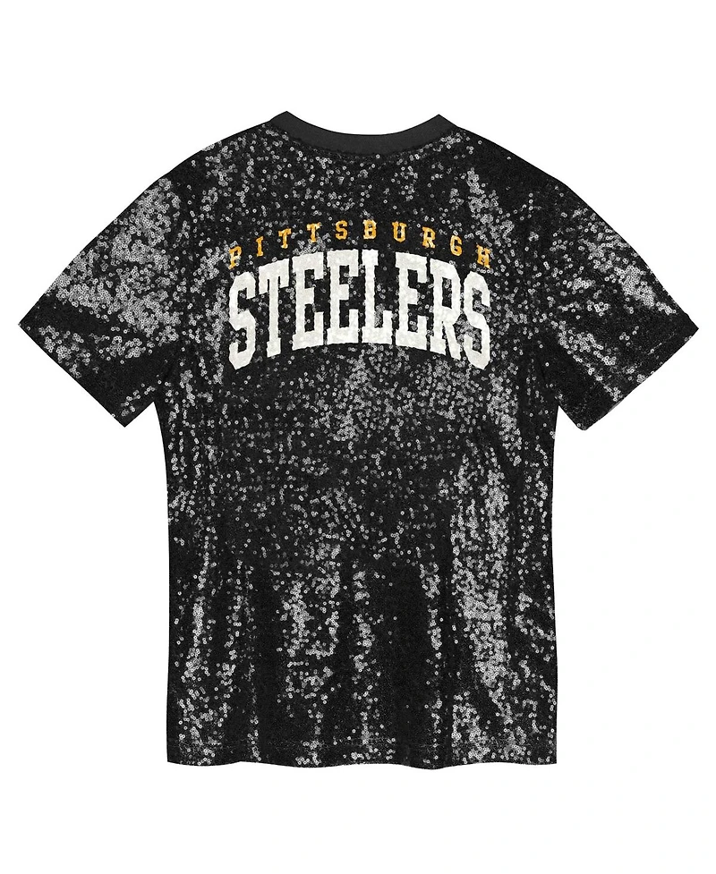 Outerstuff Big Girls Black Pittsburgh Steelers Wordmark Sequin V-Neck Top