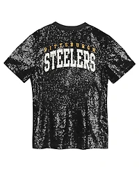 Outerstuff Big Girls Black Pittsburgh Steelers Wordmark Sequin V-Neck Top