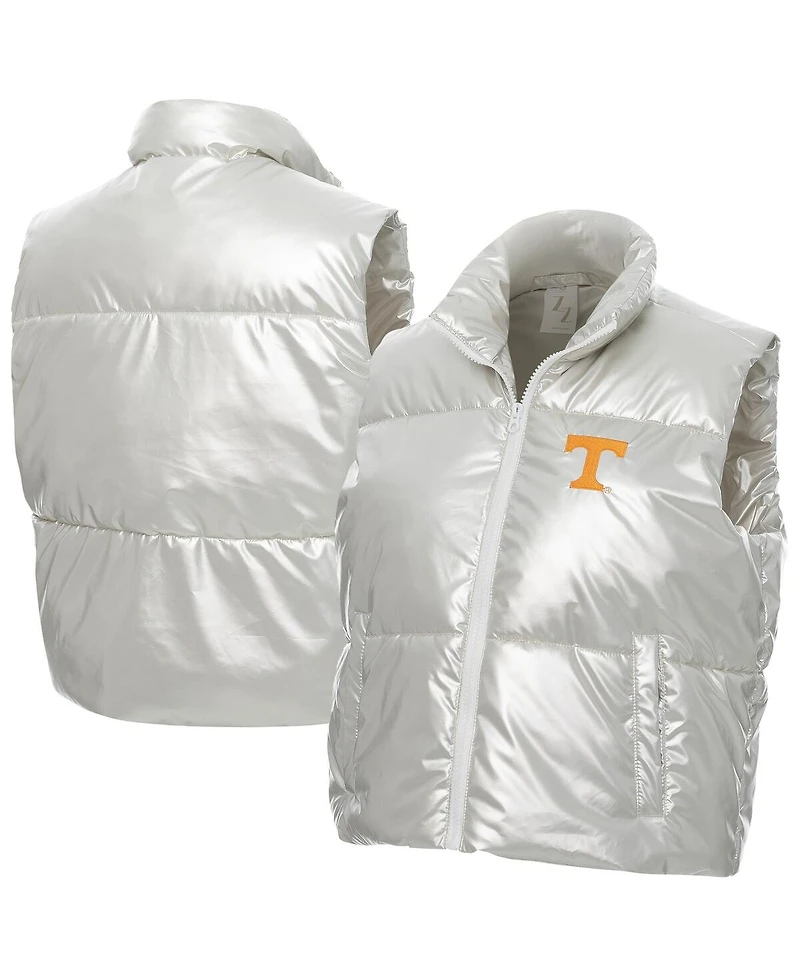 ZooZatz Women's Silver Tennessee Volunteers Metallic Cropped Full-Zip Sleeveless Puffer Vest