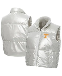 ZooZatz Women's Silver Tennessee Volunteers Metallic Cropped Full-Zip Sleeveless Puffer Vest
