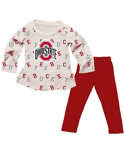 Wes & Willy Girls Toddler 2-Piece Oatmeal Ohio State Buckeyes Ruffle Raglan Long Sleeve T-Shirt and Leggings Set